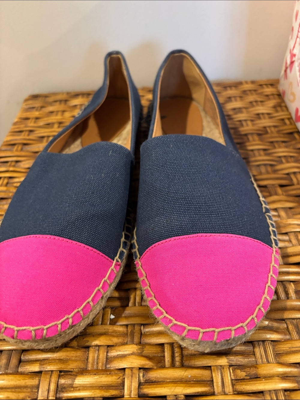 J. Crew Factory Navy Canvas Espadrilles with Hot Pink Toe Caps